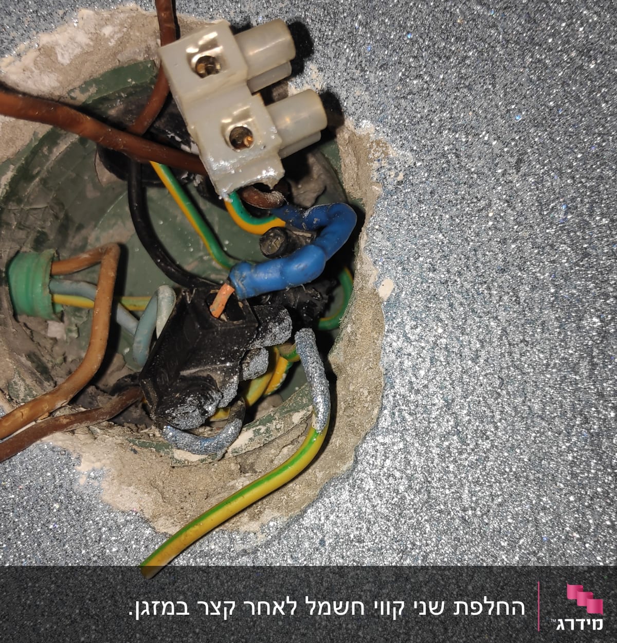 חוטי חשמל מחוברים בקופסת חיבורים בקיר